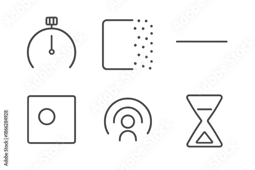 Disappearing Content Symbols. Line vector icons of temporary disappearing content flow: thin timer arc, dissolving square, soft