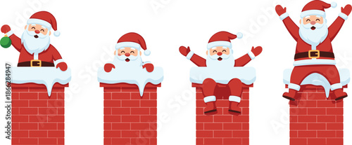 Cute cartoon Santa Claus chimney set, Christmas character illustration, winter holiday design elements, festive Santa poses collection, playful vector artwork isolated background