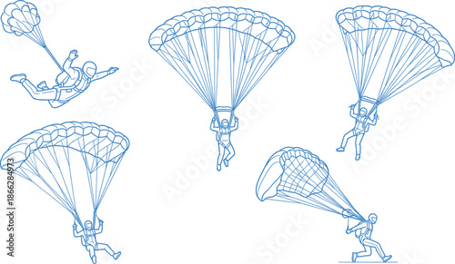 Parachute jump sequence vector with skydiver freefall, chute opening, descent, maneuvering, and landing stages illustration