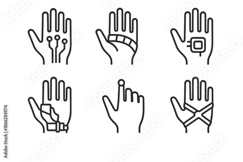 Cyber Augmentation Icons. Line vector icons of cyber-augmentation for manual abilities: embedded circuits, power bridge, palm