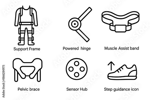 Wearable Exoskeleton Icons. Line vector icons of wearable rehab assist exoskeleton: support frame, powered hinge, muscle-assist