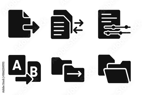 Digital Migration Icons. Solid style icons of digital format migration: file arrows, document stacks, data transfer lines,