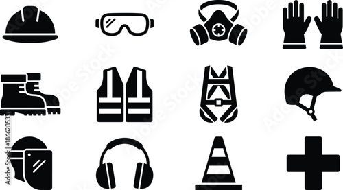 Construction safety PPE icon set with hard hat, goggles, mask, gloves, boots, vest, harness, shield, earmuffs