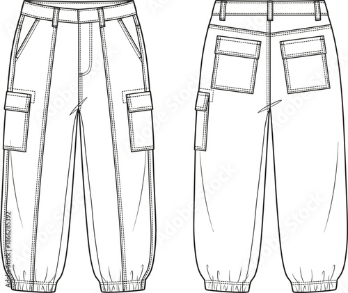Front and back view cargo pants technical fashion sketch, vector outline illustration, modern streetwear trousers design, apparel flat drawing for garment production
