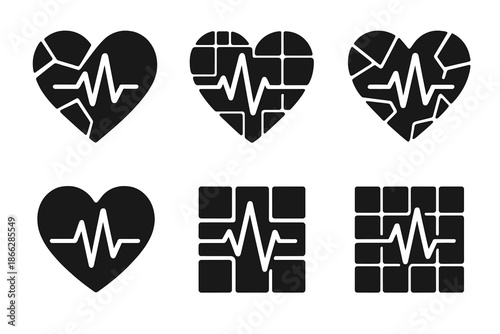 Heartbeat Mosaic Icons. Solid style icons of heartbeat mosaics: fragmented hearts, rhythm tiles, pulse blocks, coordinated shards,