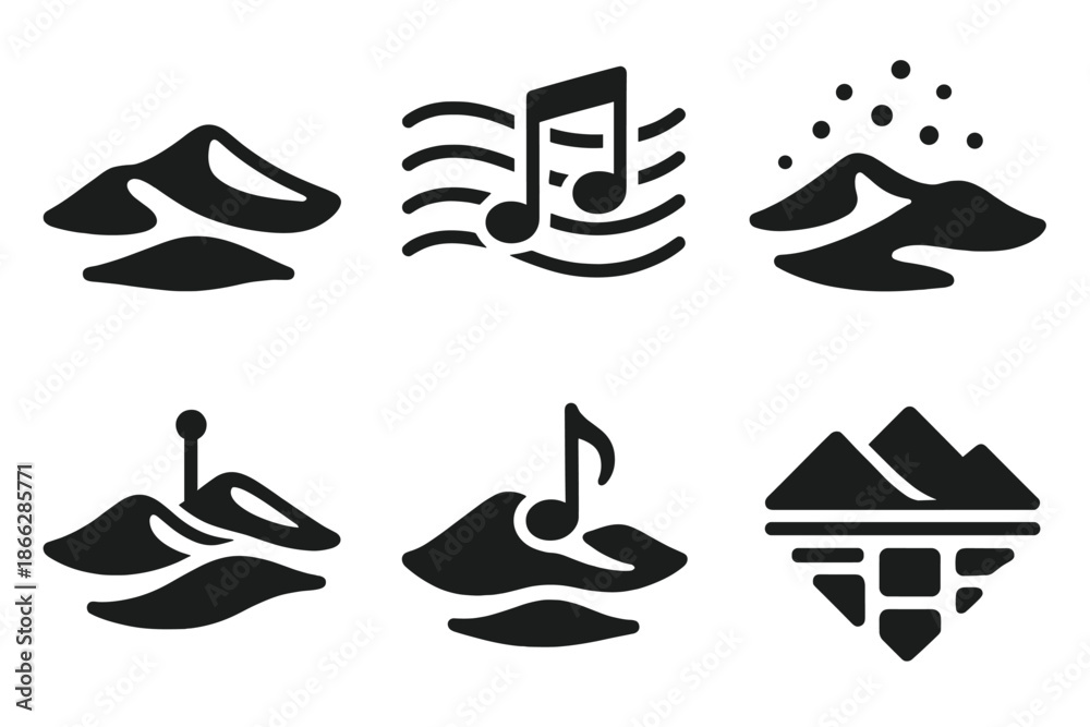 Obraz premium Melodic Sand Icons. Solid style icons of melodic sand landscapes: dune clusters, rhythm lines, echoing grains, pulse markers,