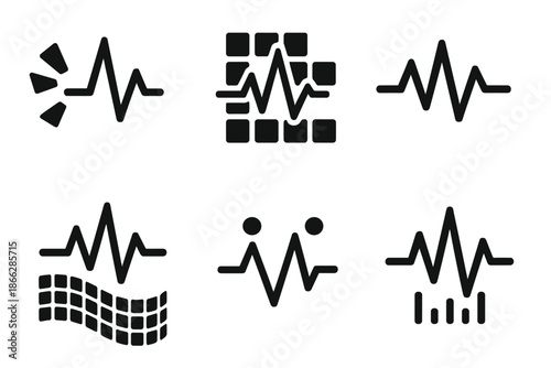 Heartbeat Rhythm Icons. Solid style icons of heartbeat rhythm visuals: pulse shards, tile clusters, fragment alignment, mosaic