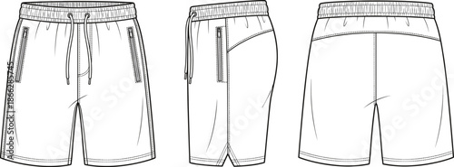 Men athletic shorts technical drawing, front side back views, sportswear design sketch, apparel pattern outline, fashion flat illustration, casual activewear shorts blueprint
