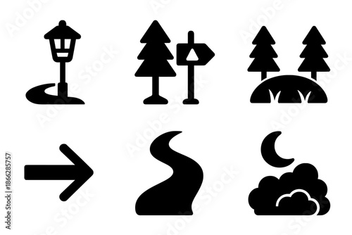 Nature Guide Icons. Solid style icons of nature-guided directions: path lights, forest markers, clearing symbols, directional
