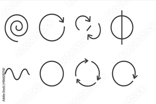 Motion Dynamics Icons. Line style icons of motion core dynamics: shifting spiral, rotating motion, connected arrows, stable axis,