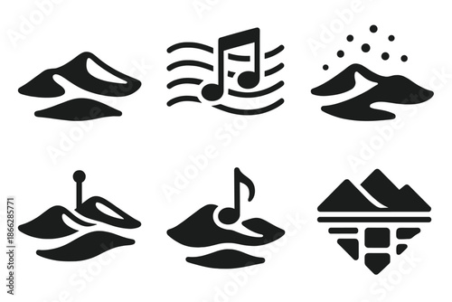 Melodic Sand Icons. Solid style icons of melodic sand landscapes: dune clusters, rhythm lines, echoing grains, pulse markers,