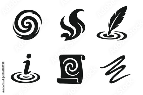 Swirling Ink Patterns. Solid style icons of swirling ink patterns: ink spirals, fluid strokes, submerged quills, ripple letters,