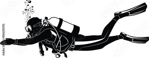 Scuba diver silhouette, underwater exploration, diving gear, fins, bubbles, snorkel, wetsuit, aquatic adventure, marine life, swimming pose, ocean depth, vector art