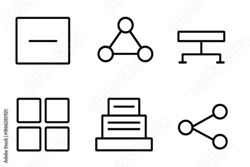 Sentence Structure Icons. Line style icons of support sentence structure: text frame, connected nodes, supporting line, main