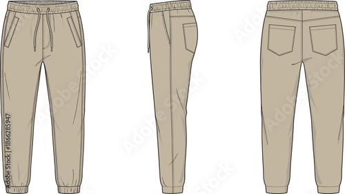 Men jogger pants technical flat sketch, front side back view fashion design template casual sweatpants vector illustration apparel manufacturing clothing production pattern blueprint industry