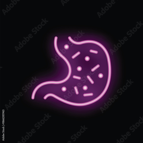 Neon style icon representing a stomach bacteria infection on a black background