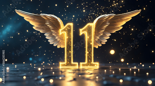 Angel Number 11 with Golden Wings and Divine Light