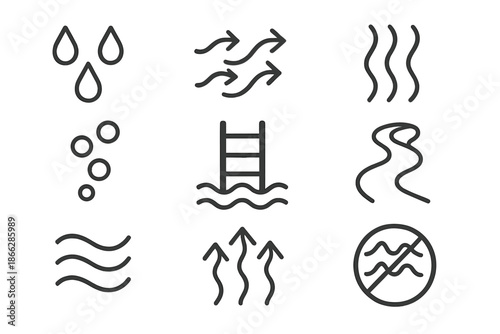 Aquatic Climb Icons. Line style icons of aquatic climb markers: drop steps, flowing arrows, vertical wave, bubble rise, soft