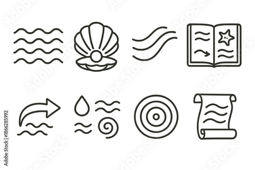Ocean Narrative Icons. Line style icons of ocean depth narratives: layered waves, open story shell, flowing lines, sea journal,