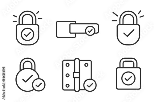 Illuminated Lock Icons. Line style icons of confirmed secure locks: illuminated hasp, polished latch, radiant padlock, finished