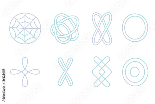Pearlescent Puzzle Icons. Line style icons of pearlescent intersection puzzles: iridescent web, polished tangle, radiant curve,