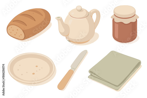 Cozy Kitchen Icons. Isometric vector illustration set Cozy Kitchen Scene: fresh bread loaf, teapot, butter knife, jam jar, plate