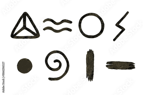 Ancient Symbolic Icons. Line style icons of painted ancient operators: geometric pigment mark, soil stroke, mineral circle,