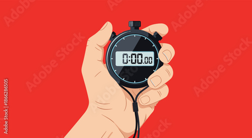 Close-up illustration of a hand holding a black digital stopwatch with the timer at zero, against a solid bright red background.