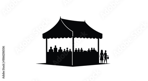 Black silhouette of a busy market stall or booth under a tent, filled with people browsing, against a clean white background.