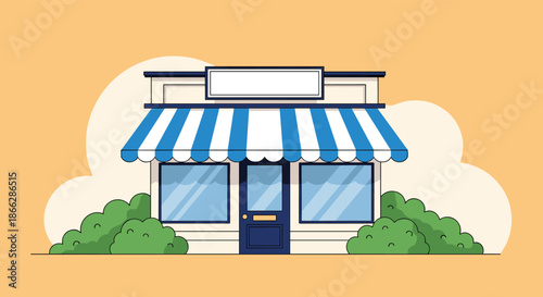 Charming illustration of a small storefront with a blue and white striped awning, large windows, and a blank sign for text.