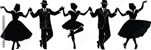 Set of dancing couples silhouette vector illustration, men and women in vintage 1950s or retro style dress and suit, joyful people swing dance party performance