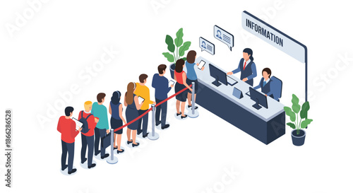 Isometric vector illustration showing a long queue of diverse people waiting for service at a busy information or reception desk.
