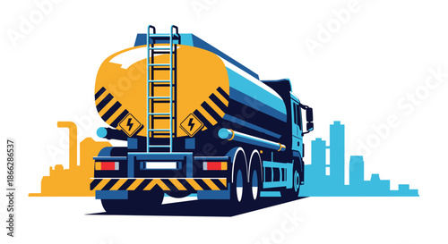 Rear view of a large tanker truck used for transporting flammable liquids, shown against an industrial and city skyline backdrop.