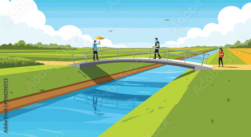 Beautiful landscape illustration of people walking on a small bridge over a canal in a lush, green countryside with fields.