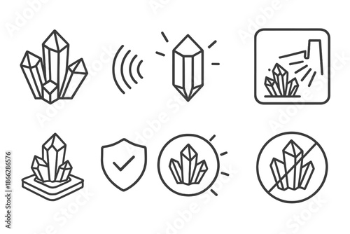 Crystal Exposure Icons. Line style icons of crystal group exposure monitoring: clustered prisms, radiation wave grid, glowing