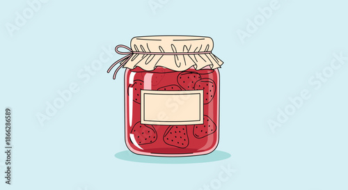 A charming, hand-drawn illustration of a glass jar of homemade strawberry jam with a fabric cover, twine, and a blank label.