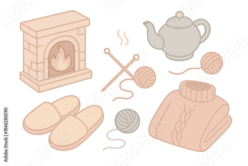 Cozy Knit Evening. Isometric vector illustration set Wool Craft Evening: glowing fireplace, steaming teapot, knitting needles,