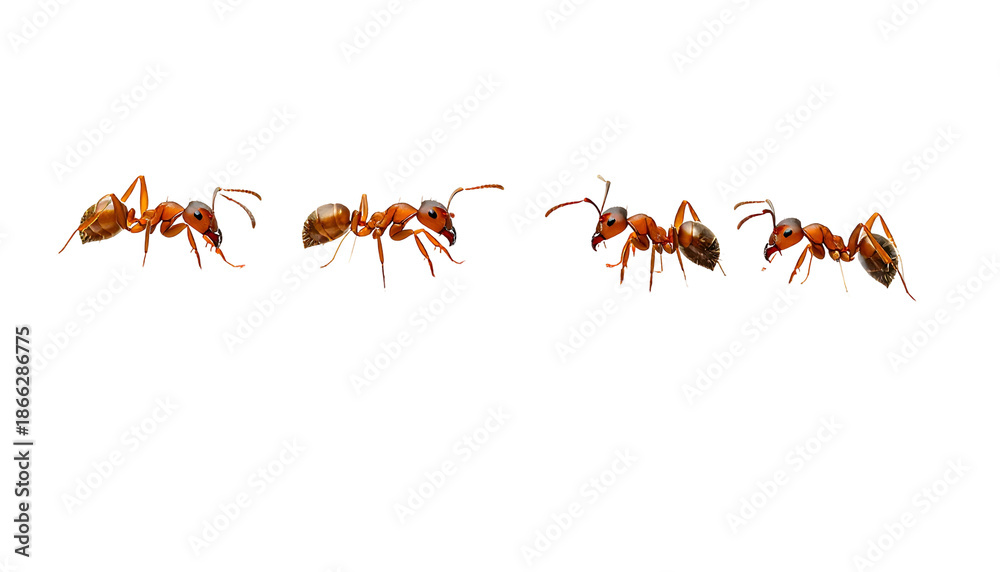 Fototapeta premium Four small, detailed insects with orange bodies and legs, and dark black background