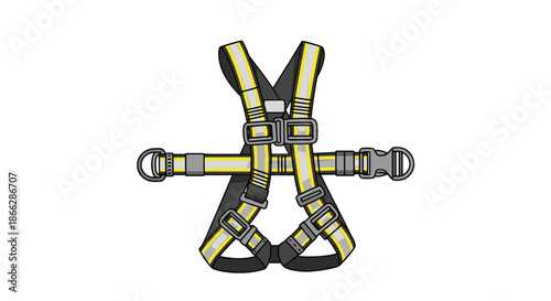 Illustration of a full-body safety harness with yellow reflective stripes, buckles, and D-rings for construction or climbing work.