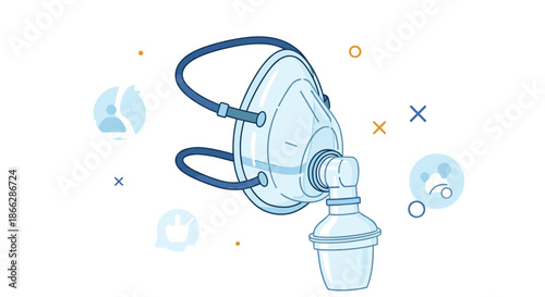Medical illustration of a transparent oxygen mask with a reservoir bag, used for respiratory therapy, with abstract decorative elements.