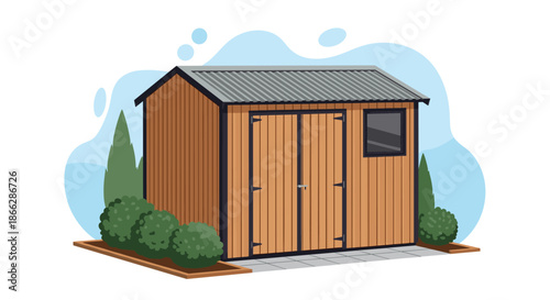 Cartoon illustration of a wooden garden shed with a corrugated metal roof, double doors, and a small window, surrounded by bushes.