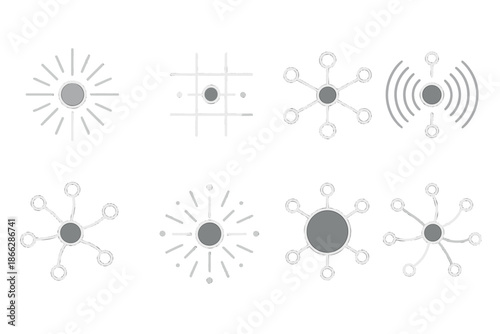 Radiant Network Icons. Line style icons of radiant connection hubs: glowing contour, layered beam grid, reflective network,