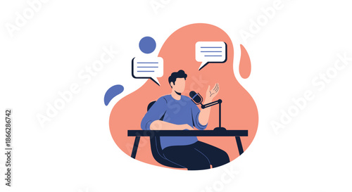 Modern flat illustration of a man sitting at a desk, speaking into a microphone for a podcast, with speech bubbles around him.