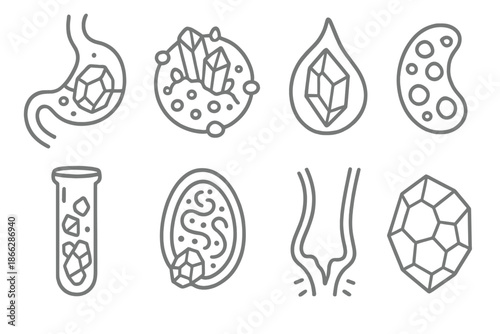 Stone Processing Icons. Line style icons of stone processing organs: lithic stomach, mineral absorption node, crystal gland,