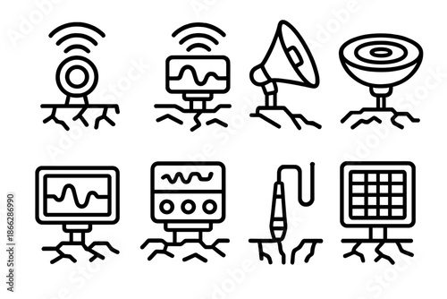 Subterranean Echo Devices Icons. Line style icons of subterranean echo devices: resonance sensor, stone wave generator, tone