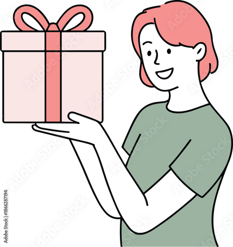 Smiling person holding wrapped gift box with ribbon, expressing joy, kindness, and cheerful celebration in everyday life illustration