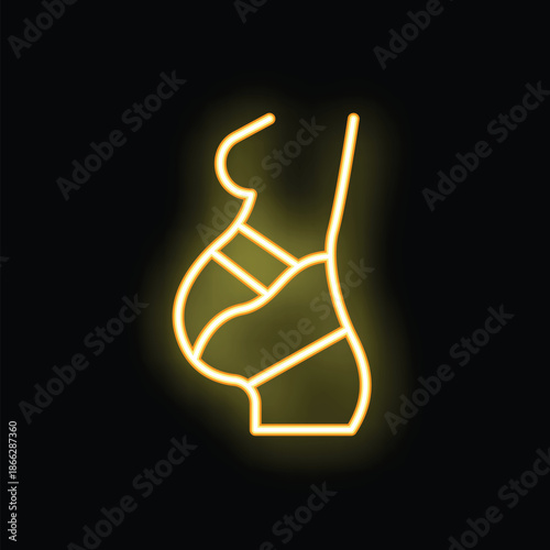 Glowing yellow neon icon of pregnant woman showing growing belly, isolated on black background
