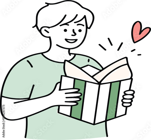Simple cartoon person reading striped book, heart icon showing love for reading, green shirt, playful tone, education, child concept