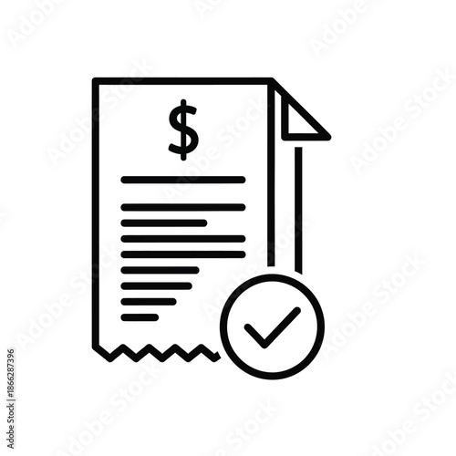 Vector illustration icon a black line icon of a document with a dollar sign and a checkmark on a
