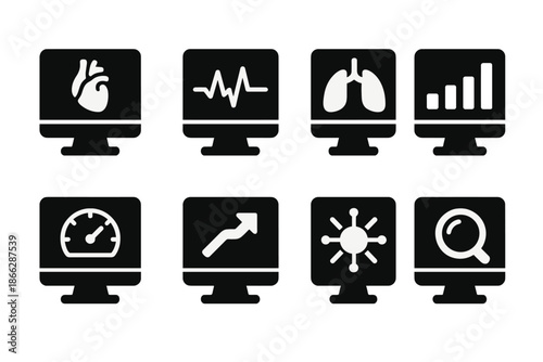 Organ Monitor Icons. Solid style icons of organ function monitors: monitor screen, organ outline, pulse wave, data chart,